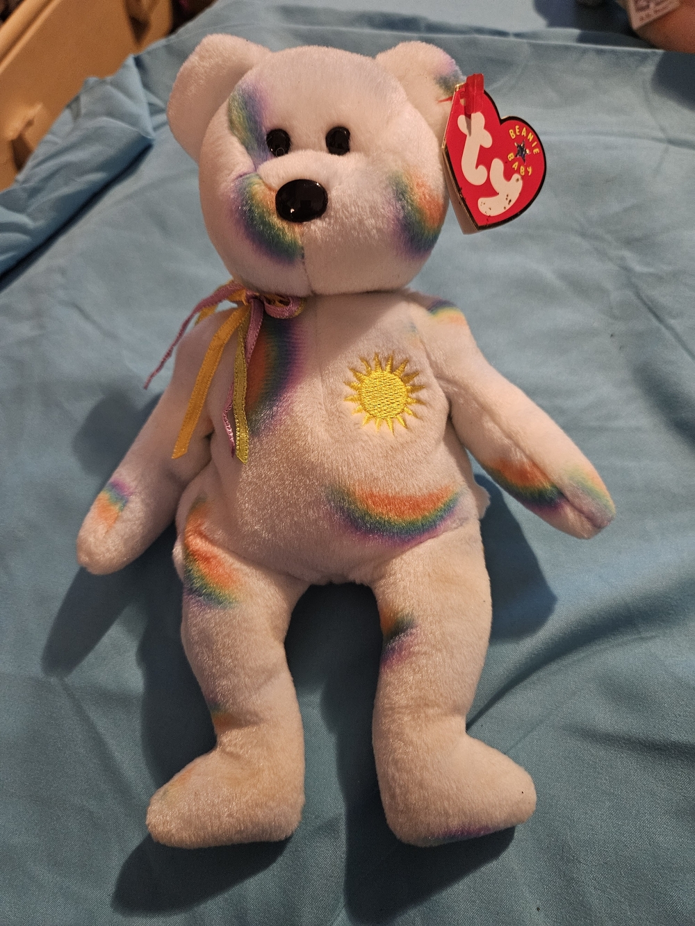 Ty Rainbow Sun Plush Bear - White with Rainbow Accents
